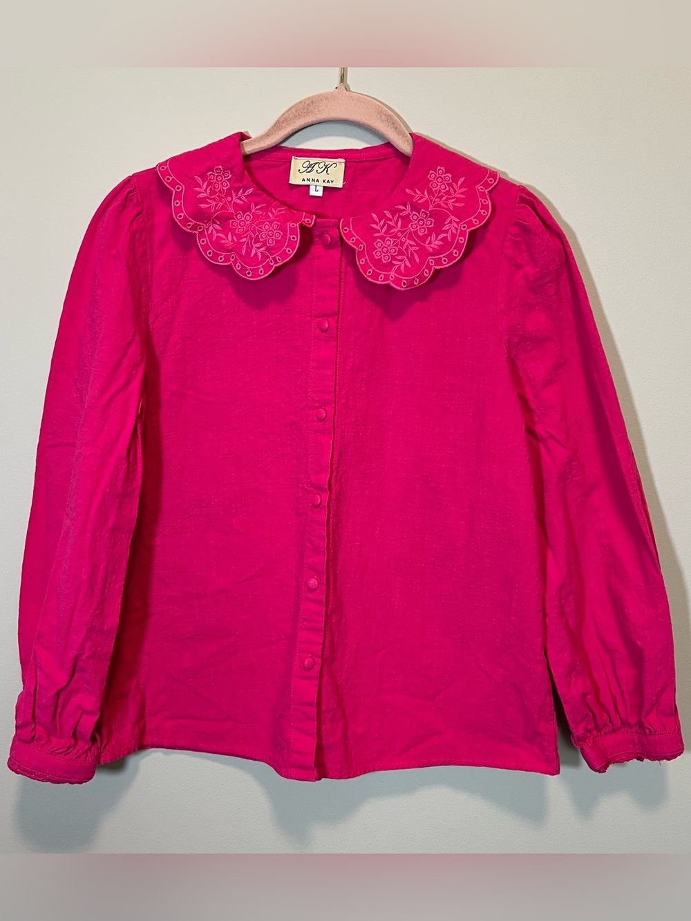 Anna Kay Women’s Pink Collared Embroidered Button Up‎ Long Sleeve Top Large